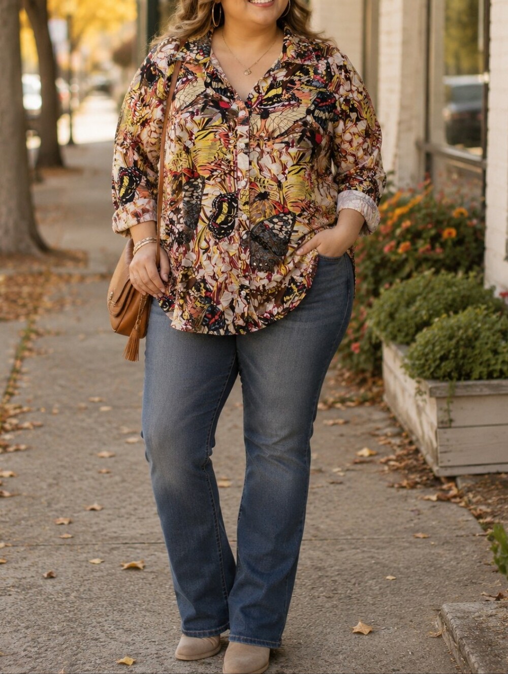 For Cynthia Plus Size Linen Viscose Multicolor Butterfly Print Button Down Top